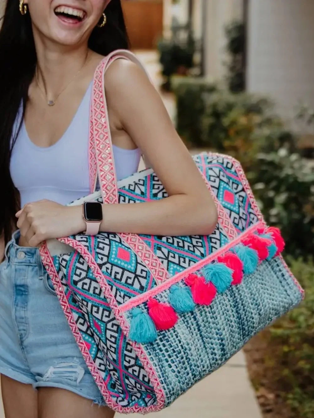 Kiki Decor Colorful Woven Tote Bag with Pink & Turquoise Tassels